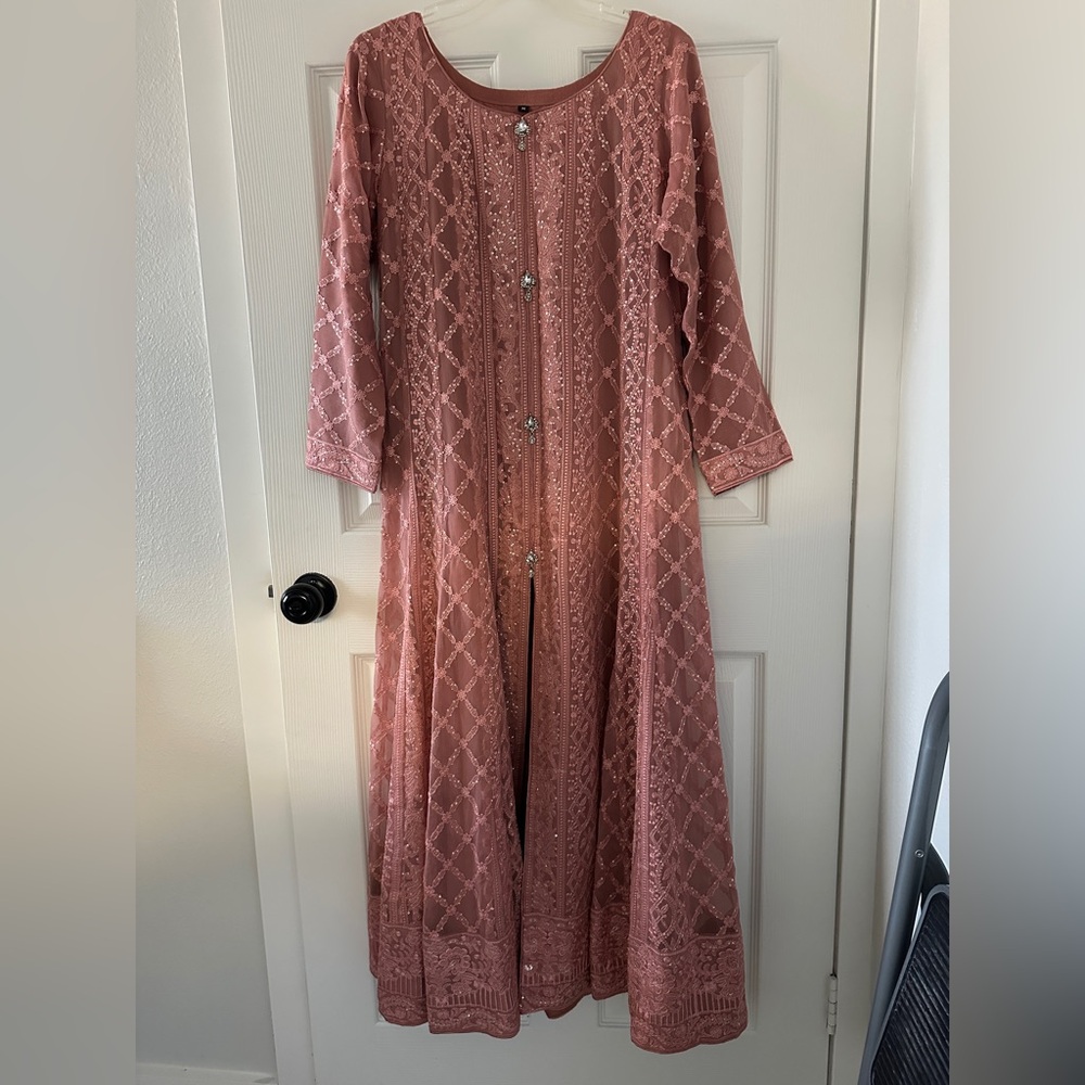 SOLD Pink Embroidered Chiffon Maxi Middle Split Pakistani/ Desi Suit